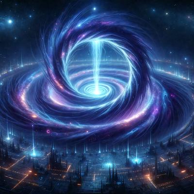 The primary subject of the image is a large, purple, swirling vortex with a blue center. The setting is a futuristic, space-themed environment, likely a digital art or illustration. The visual style is a combination of futuristic elements and a swirling, spiral-like design. The colors and mood of the image are predominantly purple and blue, creating a sense of depth and intrigue.